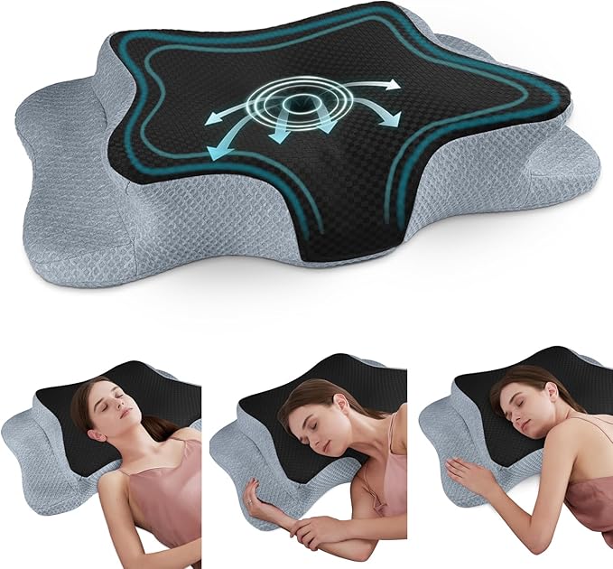 CHxxy Cervical Neck Pillow for Pain Relief Sleeping, Memory Foam Pillows, Ergonomic Side Sleeper Pillows, Cooling Orthopedic Neck Support Pillow for Back Stomach Sleepers-Queen Size Black&Grey