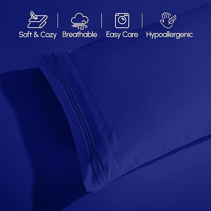 Elegant Comfort Luxurious 1500 Premium Hotel Quality Microfiber Three Line Embroidered Softest 4-Piece Bed Sheet Set, Wrinkle and Fade Resistant, King, Royal Blue