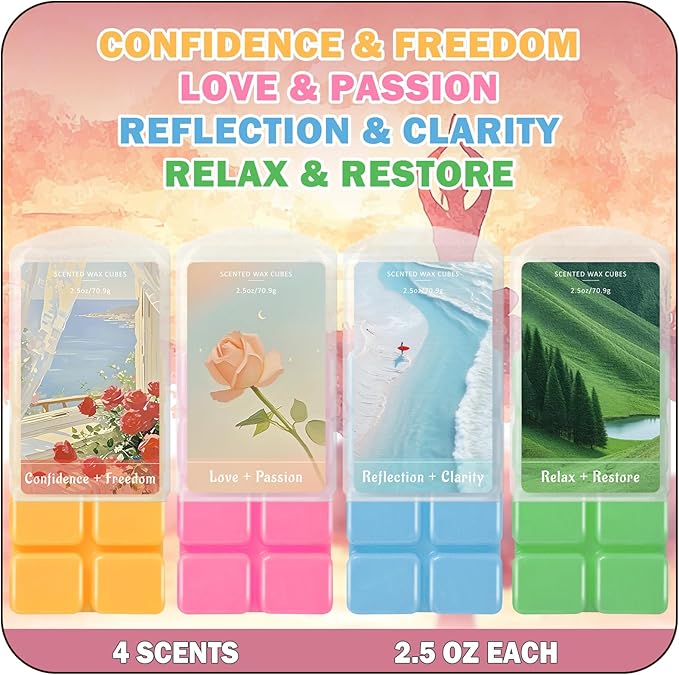 SCENTORINI Wax Melts, Wax Cubes Strong Scent, Long-Lasting Candle Wax for Healing Calming Relax, Scented Soy Wax Melts for Warmer, 2.5oz*4 Pack, Home Fragrances and Decoration