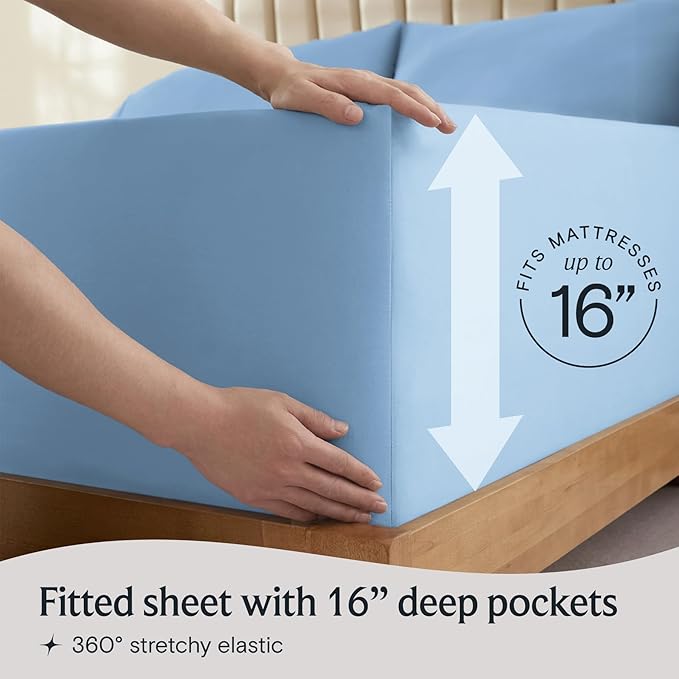 LuxClub 4 PC Queen Sheet Set, Breathable Luxury Bed Sheets, Deep Pockets 18" Wrinkle Free Cooling Sheets Machine Washable Hotel Bedding Silky Soft - Sky Queen
