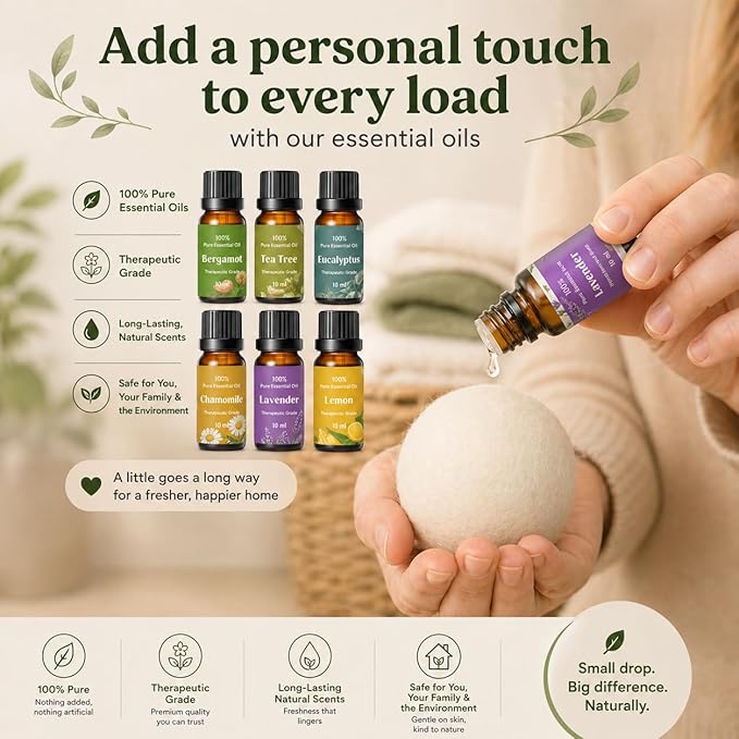 Complete Laundry Kit – Laundry Detergent Sheets, Wool Dryer Balls & Essential Oils – 3 Packs Sheets + 4 XL White Dryer Balls + 6 Scent Oils for Clean, Soft & Fresh Laundry
