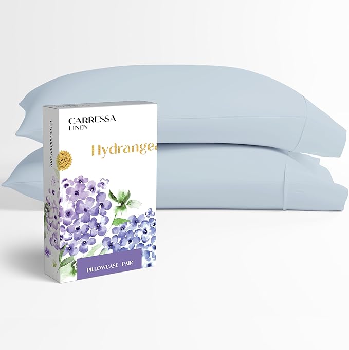 Carressa Linen 100% Egyptian Cotton King Size Pillow Cases Set of 2 - Luxury 600 Series Hydrangeas Collection King Pillowcases (Light Blue), Soft Cooling, Sateen Weave Hotel Quality Bed Pillow Cover
