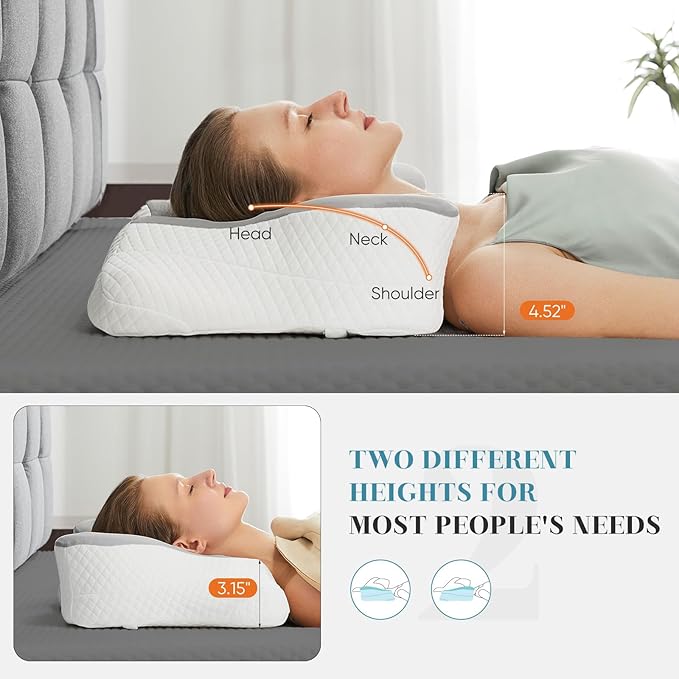 Sweetcrispy Cervical Pillow for Neck and Shoulder - Ergonomic Memory Foam Pillows, Contour Side Sleeper for Adults, Cooling Orthopedic Neck Support for Back Stomach Sleepers, Grey