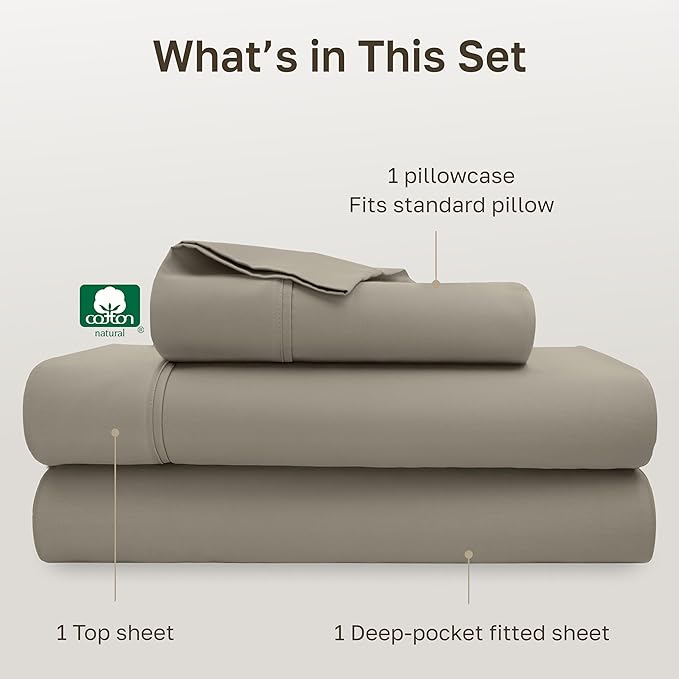 California Design Den Soft 100% Cotton Bed Sheets Twin Size Set, 400 Thread Count Good Housekeeping Award Winner, Silky Smooth Sateen Weave, Breathable and Durable Twin Bedding Set - Taupe