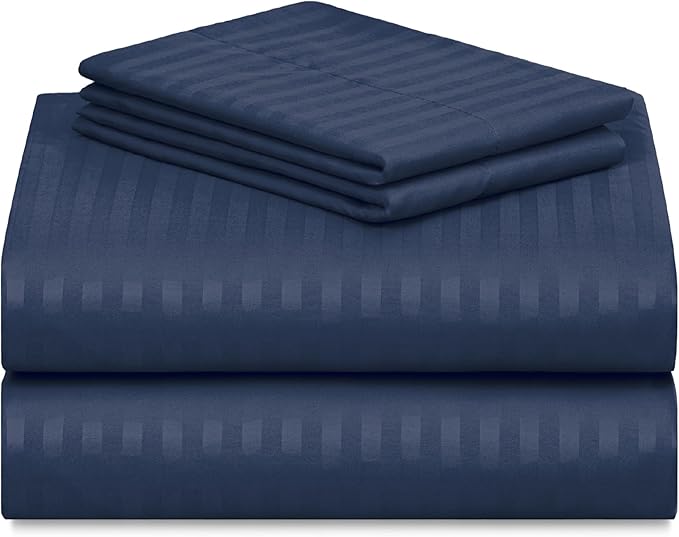 LuxClub 4 PC Full Size Sheet Set, Breathable Luxury Bed Sheets, Deep Pockets 18" Wrinkle Free Cooling Machine Washable Hotel Bedding (Striped Navy)