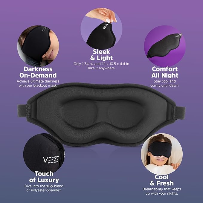 VEEZE Luxury Sleep Mask for Sleep - Soft Sleeping Mask – Eye Mask for Sleep Adjustable Elastic Velcro Strap - Sleep Masks for Women & Men - Eye Covers for Sleeping - Blackout Eye Mask for Sleeping