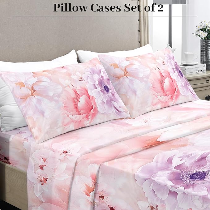 YIYEA Pillow Cases Queen Size Set of 2, Ultra Soft Double Brushed Microfiber Pillowcases Queen, Floral Bed Pillow Covers, Fade Resistant, Easy Slip-On (20"x30")
