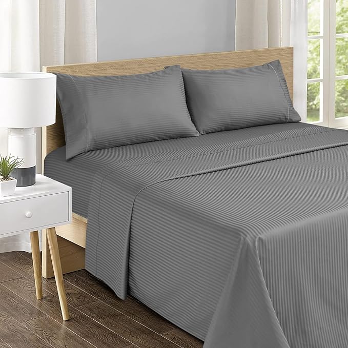 Feather & Stitch 500 TC Queen Size Damask Bed Sheet Set, 100% Cotton Soft Breathable Bedsheets, 4 Piece 18" Deep Pockets Sateen Weave Striped Bedding Mattress Resort Hotel Luxury- (Grey Stripe)