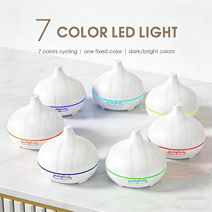 550ml Large Capacity Essential Oil Diffuser with 6 Aromatherapy Oils,Humidifier for Home Decor with Waterless Auto-Off,7 Color LED Light for Yoga Gym Office Decoration (White Wood Grain)