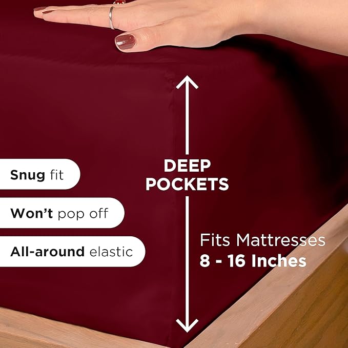 ROYALE LINENS 4 Piece Cal King Sheets Set - Soft Brushed 1800 Microfiber - 1 Fitted, 1 Flat Sheet, 2 Pillow Cases - Wrinkle Free & Fade Resistant - Hotel Luxury Bed Sheets (Burgundy, Cal King)