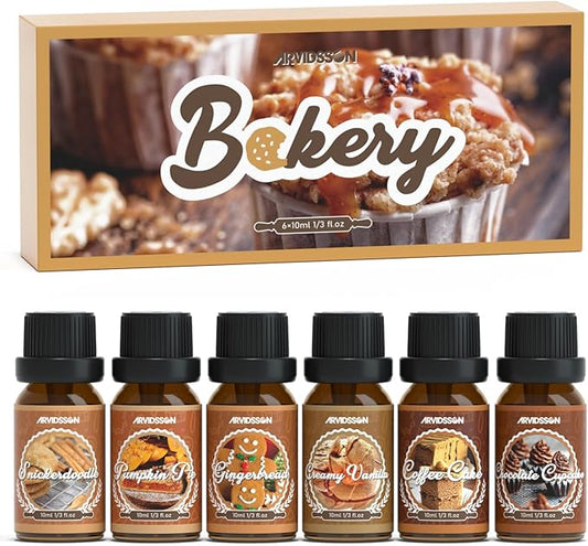 ARVIDSSON Bakery Essential Oils Set, Natural Fragrance Oil for Diffuser, Candle Making - Pumpkin Pie, Snickerdoodle, Gingerbread, Coffee Cake, Creamy Vanilla, Chocolate Cupcake