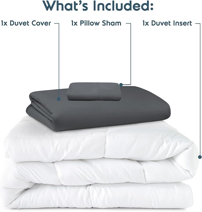 Nestl Twin Duvet Cover Set with Comforter Insert - Dark Grey 3 Piece 68x90 Duvet Cover & 1 Pillow Sham with White Quilted Down Alternative Comforter, Ultra Soft, All Season
