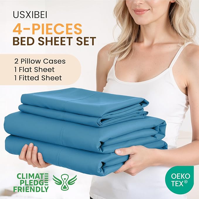 Queen Size 4 Piece Bed Sheet Set - Ultra Imitation Cotton-Premium Breathable & Cooling Sheets - Hotel Luxury Bed Sheets Deep Pocket up to 15"- Wrinkle, Fade(Denim Blue, Queen)
