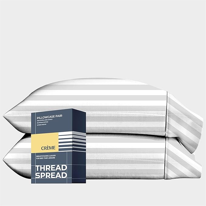 THREAD SPREAD 100% Egyptian Cotton Damask Pillow Cases Queen Size Set of 2 - Luxury 1500 Series Queen Pillow Cases (White Stripe), Soft Cooling Envelope Closure Hotel Egyptian Cotton Pillowcases