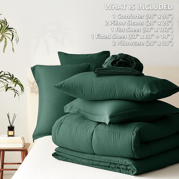 CozyLux Oversized Queen Comforter Sets Emerald Green, 7 Pieces Bed in a Bag, 98x98 Box Stitched Design Bedding Set, All Season Soft bed set with Down Alternative Comforter, Sheets, Pillowcases & Shams