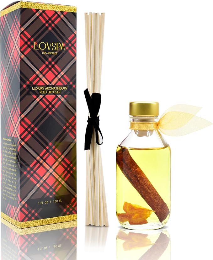 Reed Diffuser Set, Spiced Pomander Orange Cinnamon Scented Oil Diffuser with Sticks, Home Fragrance Accessories for Bathroom Shelf Decor, Aroma Diffusers for Home or Office Desk, USA Made