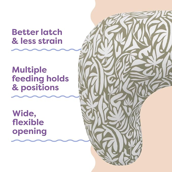 Boppy Nursing Pillow - Ergonomic Bottle & Breastfeeding Pillow, Higher, Firmer & Larger, Water-Repellent with Washable Organic Cotton Cover, Baby Safety Alliance Verified - Green Cut Out Leaves