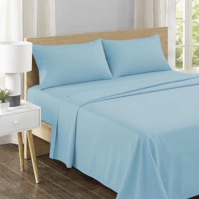 Feather & Stitch 500 TC Split King Size Sheet Set, 5 Piece Bed Sheets Set-2 Twin Fitted Sheet, 1 King Flat Sheet & 2 King Pillowcases, 18" Deep Pockets Sateen Weave Solid Bedsheet - (Feather Blue)