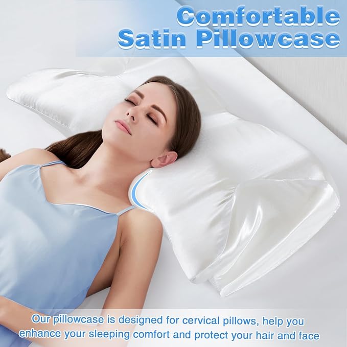 Satin Pillowcase for Cervical Pillow, White Silky Cervical Pillow Case Contour Pillow Case Cover with Zipper, Smooth Ergonomic Pillowcase for Neck Pillow Cover