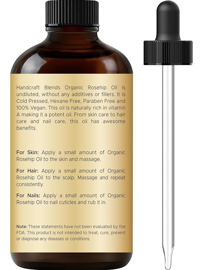 Handcraft Blends Cold-Pressed Organic Rosehip Oil | 1 Fl Oz | 100% Pure and Natural | Premium Grade Oil | Face, Skin and Hair | Protect | Nourish | Carrier Oil