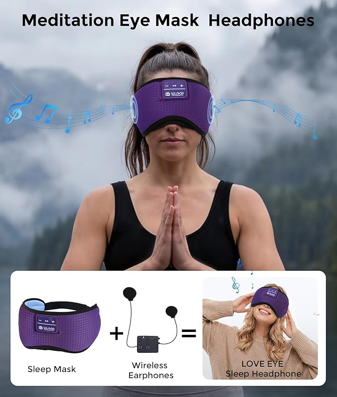 LOVE EYE Sleep Headphones Bluetooth 5.4 Sleeping Eye Mask Wireless Music Earphones with HD Speakers for Side Sleepers Total Blackout Cotton Mask for Travel, Office, Unique Gifts (Deep Purple)