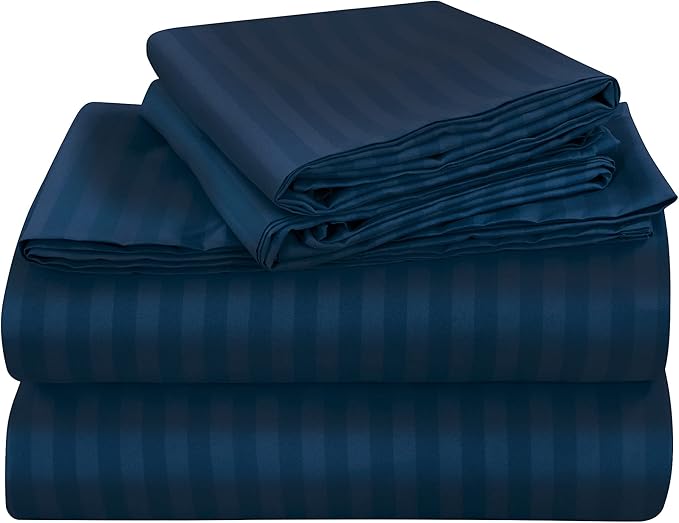 ROYALE LINENS 3 Piece Twin XL Sheets Set - Soft Brushed 1800 Microfiber - 1 Fitted, 1 Flat Sheet, 1 Pillow case - Wrinkle Free & Fade Resistant - Hotel Luxury Bed Sheets (Stripe Navy, Twin XL)