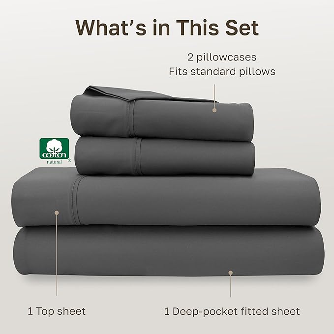California Design Den Soft 100% Cotton Full Sheet Set, 400 Thread Count Good Housekeeping Award Winner, Silky Smooth Sateen Weave with Deep Pockets, Durable Cotton Bed Sheet Set - Grey