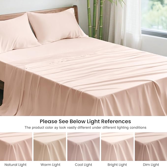 Love's cabin 4 Piece Full Size Sheet Set, 100% Rayon Derived from Bamboo, Cooling & Breathable, Soft Silky Deep Pocket up to 16", Hotel Luxury Bedding for Hot Sleepers, Pink