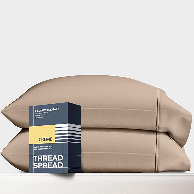 THREAD SPREAD 100% Egyptian Cotton Pillow Cases Queen Size Set of 2 - Luxury 1500 Series Queen Pillow Cases (Taupe), Soft Cooling Envelope Closure Hotel Quality Egyptian Cotton Pillowcases