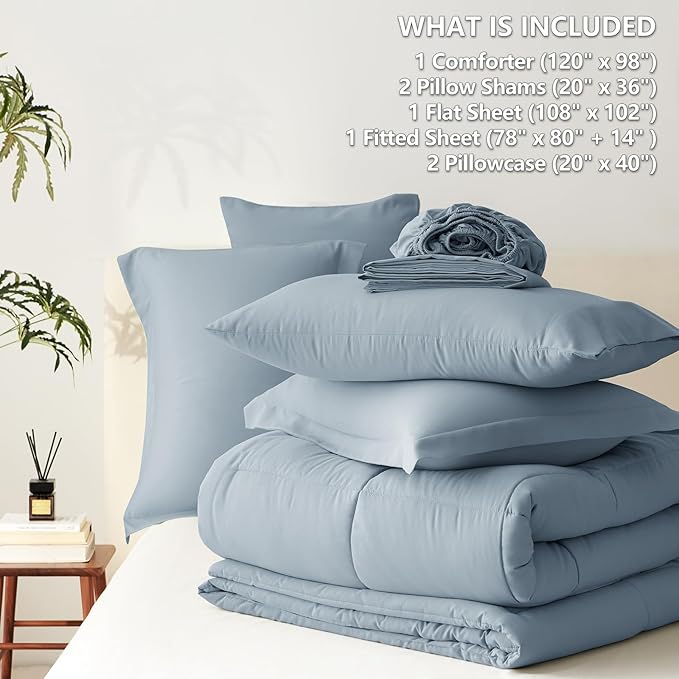 CozyLux Oversized King Comforter Sets Grayish Blue, 7 Pieces Bed in a Bag, 120x98 Box Stitched Design Bedding Set, All Season Soft Bed Set with Down Alternative Comforter, Sheets, Pillowcases & Shams