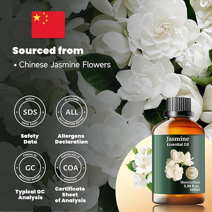 Jasmine Essential Oil, Pure Jasmine Oil Mumianhua Nighttime Floral Bliss for Pillow Mist & Luxurious Perfume, Bedroom Diffuser & Skin Elixir, 3.38 Fl Oz