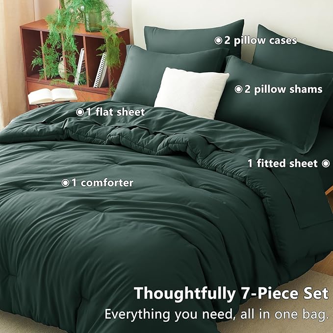 CozyLux Queen Comforter Set Forest Green, 7 Pieces Bed in a Bag Queen Comforter Set with Sheets, Luxury Soft Bedding Sets with Down Alternative Comforter, Fitted Sheet, Flat Sheet, Pillowcases & Shams