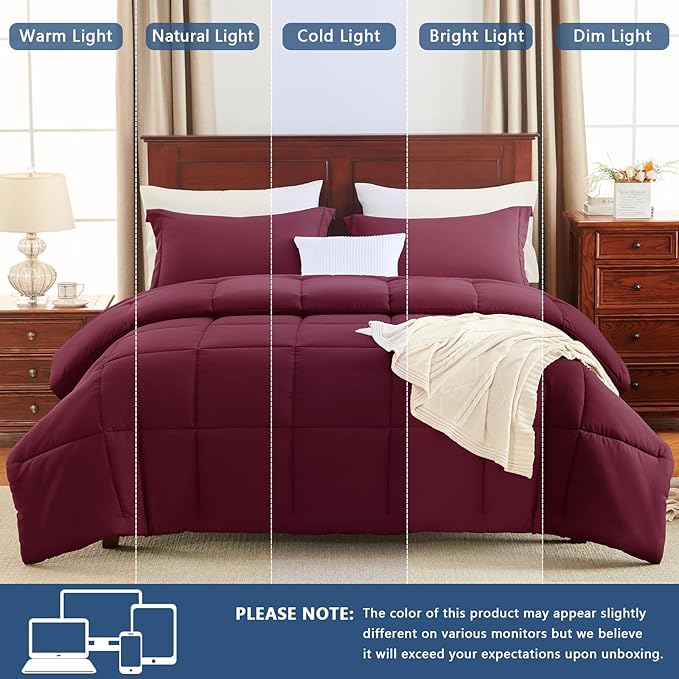 CozyLux Full Size Comforter Sets - Burgundy Comforter Full Size, 3 Pieces Box Stitched Bed Set for All Seasons, Soft Lightweight Bedding Sets with 1 Down Alternative Comforter and 2 Pillow Shams