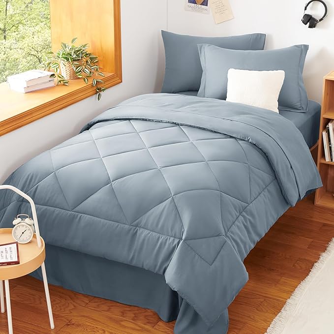 CozyLux Twin XL Comforter Set Dusty Blue - 5 Pieces Twin Extra Long Bed in a Bag for College Dorm, All Season Bedding Set for Girls and Boys, Soft Bed Set with Comforter, Sheets, Pillowcase & Sham