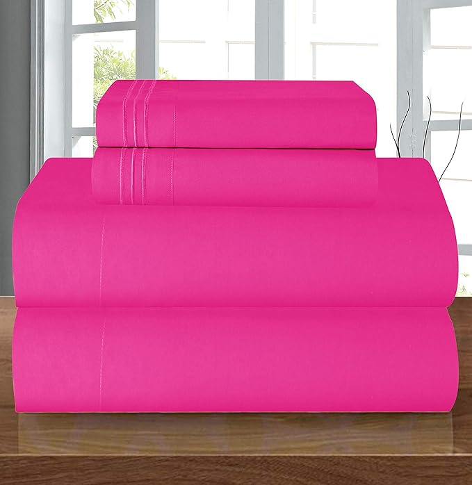 Elegant Comfort Luxury 1500 Premium Hotel Quality Microfiber 4-Piece Sheet Set - Wrinkle Resistant, All Around Elastic Fitted Sheet, Deep Pocket up to 16", Twin/Twin XL, Hot Pink