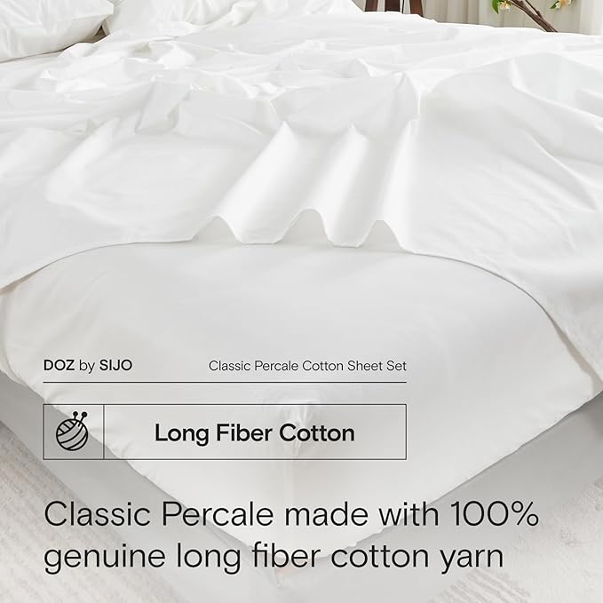 DOZ 100% Long Staple Cotton Sheet Sets, Classic Crisp Percale Weave, Breathable, Matte Finish, Hotel Style, Durable, 3pc – 2 Pillowcases 1 Fitted (Snow, Full)