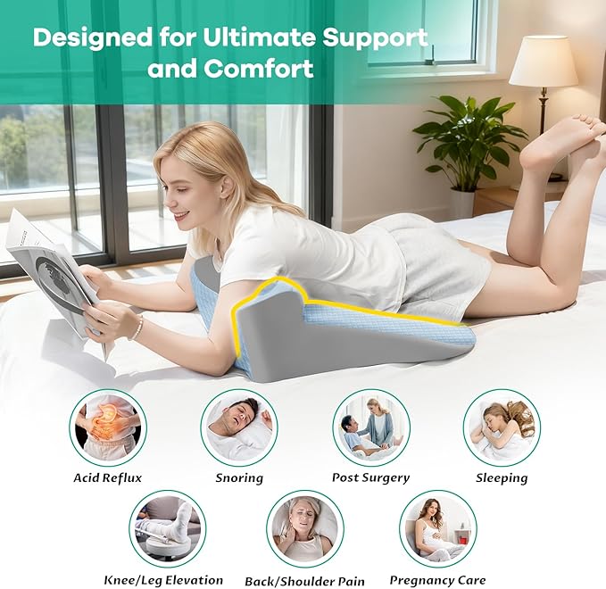Bed Snorinator Pillow, Ergonomic Wedge Pillow for Sleep Apnea Memory Foam Reading Pillow for Back, Neck & Head Comfortable Support-Blue