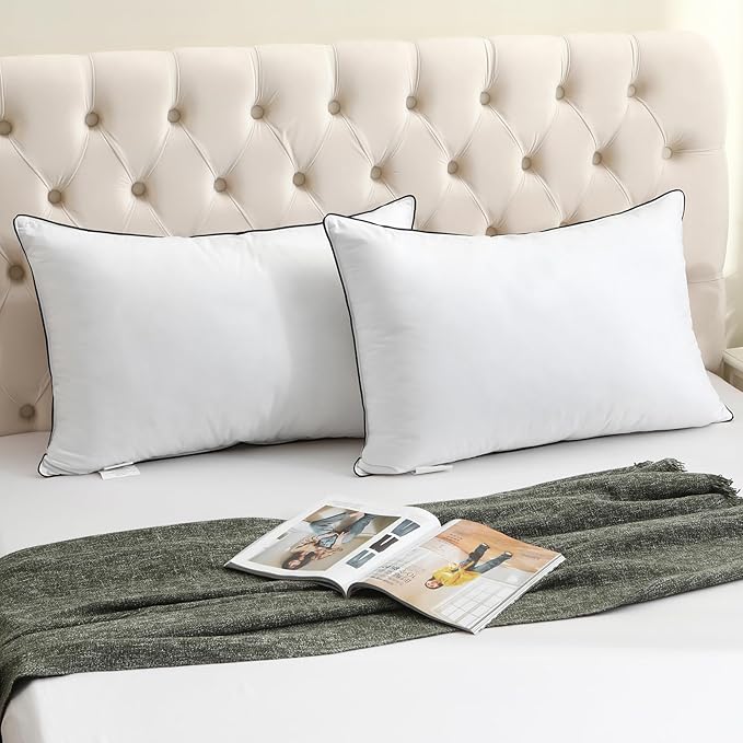 BPC Luxury Hotel Goose Feather Down Pillows Queen Size Set of 2, Medium Firm Bed Pillows for Sleeping, Organic Cotton Cover, Soft Yet Supportive Down Alternative Surround, RDS Certified, White 20"x30"