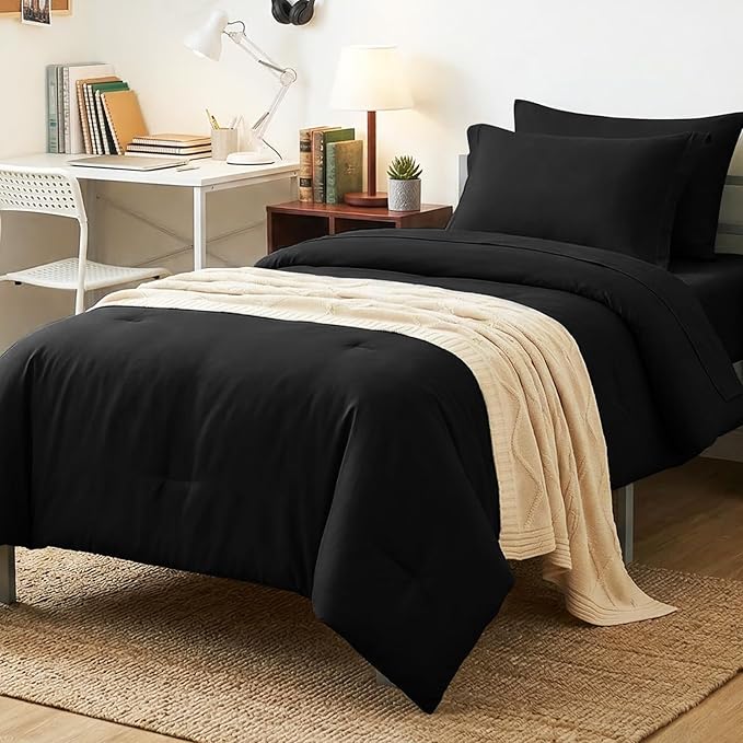 CozyLux Twin XL Comforter Set Black, 5 Pieces Bed in a Bag Twin Extra Long Comforter Set with Sheets for College Dorm, Luxury Bedding Sets with Down Alternative Comforter, Sheets, Pillowcase & Sham