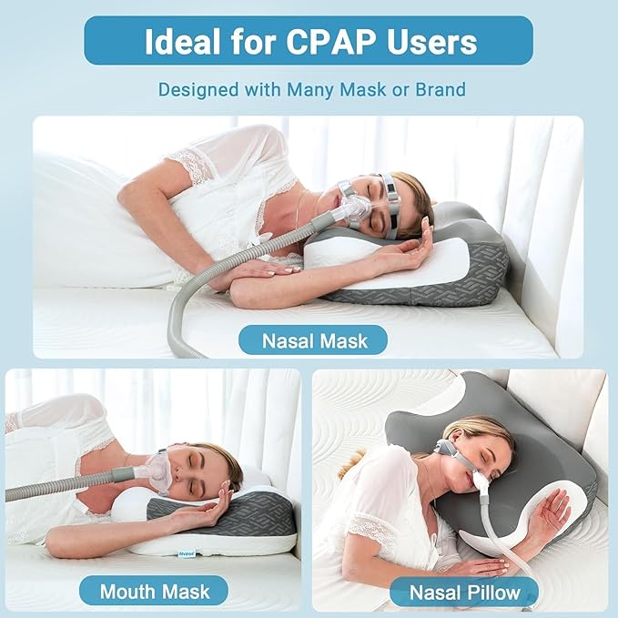 Elviros Neck Pillow for Pain Relief Sleeping, 2 Pack CPAP Pillows for Side, Back & Stomach Sleepers, Ergonomic Orthopedic Pillow for CPAP Users to Reduce Air Leaks and Mask Pressure, Dark Grey