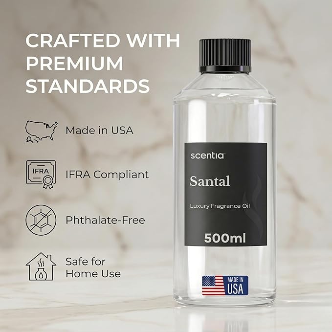 Scentia Santal Diffuser Oil 500ml – Luxury Santal-Inspired Oil – Cedarwood, Amber, Musk, Vanilla – Essential Oil Blend for Large Rooms, Cold-Air Diffusers, HVAC & Ultrasonic, Thanksgiving Gift
