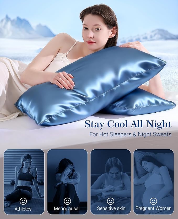 Elegear Cooling Pillow Cases Set of 2 for Hot Sleepers, Softer Than Silk Pillow Cases for Hair & Skin,Upgraded Arc-Chill Cooling Satin Pillowcases Q-max>0.5, Luxury Zipper Pillowcase Cover -Queen,Blue