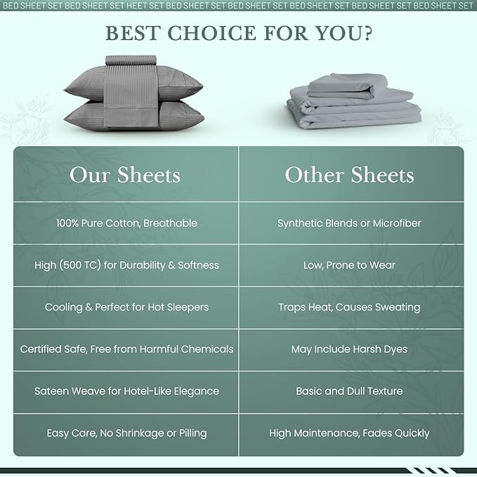 Feather & Stitch 500 TC California King Size Sheet Set, 100% Cotton Soft Breathable Bedsheets, 4 Piece 18" Deep Pockets Sateen Weave Striped Bedding Mattress Resort Hotel Luxury- (Grey Stripe)