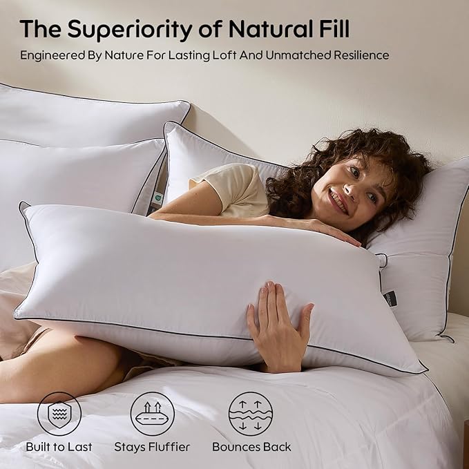 Goose Feather and Down Bed Pillow Standard Size Single Pack, Luxury 3-Chamber Pillows with Soft & Down-Proof Cover, Fluffy Plush Hotel Pillow for Side, Back & Stomach Sleepers