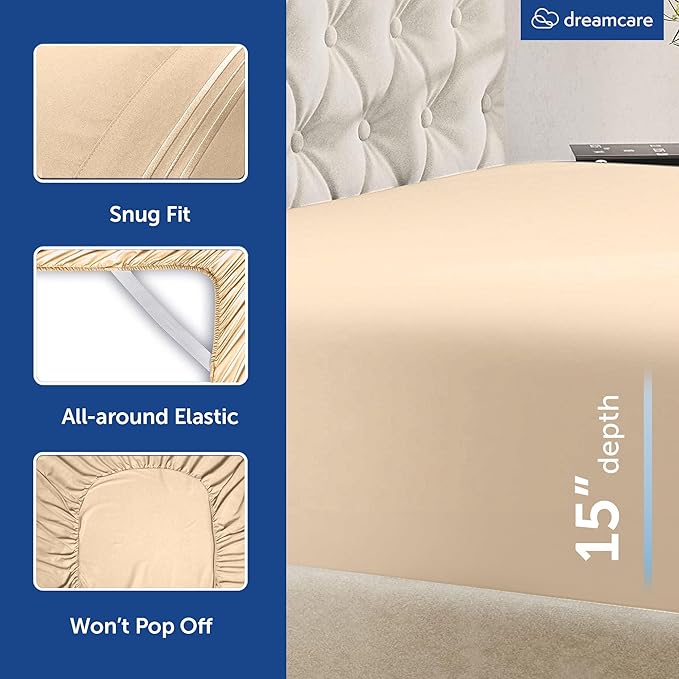 DREAMCARE Queen Sheet Set - 6 pcs Breathable Cooling Bed Sheets - up to 15" Deep Pocket Queen Sheets Set with Side Pockets - Extra Soft 100% Brushed Hypoallergenic Hotel Luxury Bedding - Wheat