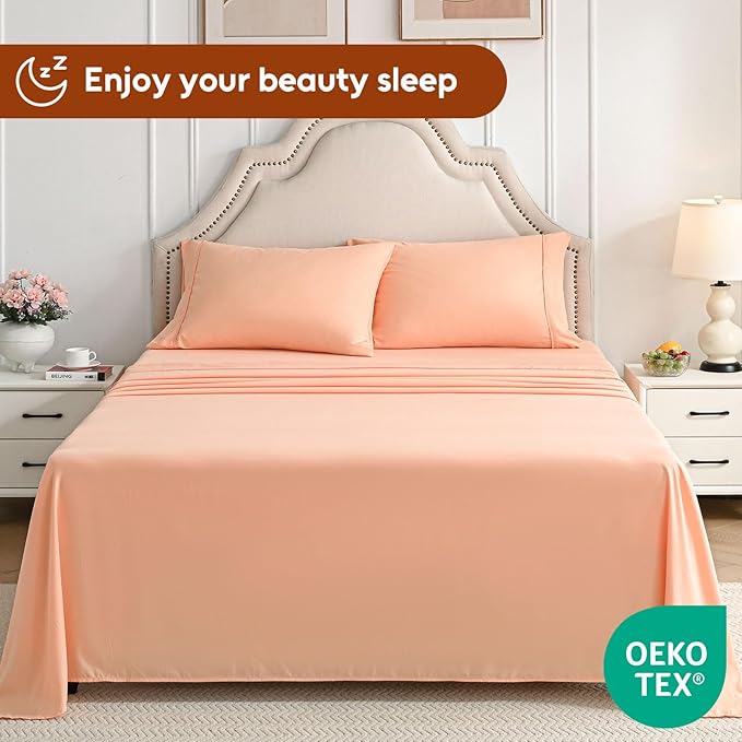 King Size Sheets Set, 4 Pieces Hotel Luxury Soft Microfiber Bed Sheets Set, Up to 16" Deep Pockets, Oeko-Tex Sheets with Elastic, Breathable, Wrinkle Free (Peach Pink, King)