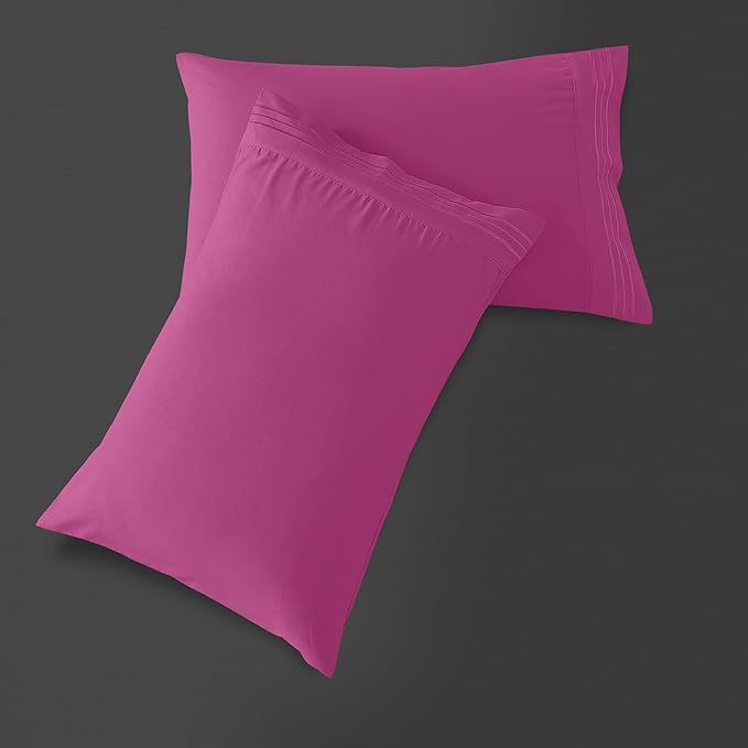 Mocassi 2-Piece Premium King Pillowcase Set 1800 Series Hotel Quality Microfiber - Soft and Breathable with 3-Line Embroidery Wrinkle and Stain Resistant, Easy Care, 20" x 40", Hot Pink