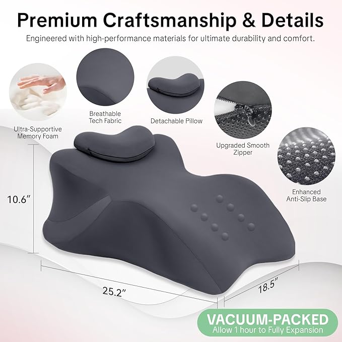 Memory Foam Ergonomic Wedge Pillow - 27° Lift Support Cushion for Sleeping, Reading & Prone Positions Multi-Functional Rest Pillow for Neck, Waist & Back Pain Relief Washable Cover- Grey