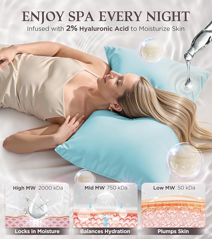 Instant Chill Cooling Pillowcase for Hot Sleepers, 2% HA Infused Pillowcase Hydrates Skin & Hair, Reduces Wrinkles & Frizz, Softer Than Silk Pillow Cases, Pillow Covers Standard (Mint Blue, 1 Pack)