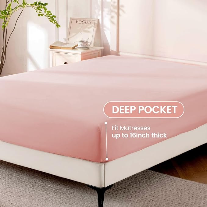 ROSE&RISY Pink King Sheet Set, 4 Pieces Soft Bedding King Sheet Set, Breathable and Cooling Sheet Bed Set,Includes 1 Fitted, 1 Flat, 2 Pillow Cases - Deep Pocket (Pink, King Size)